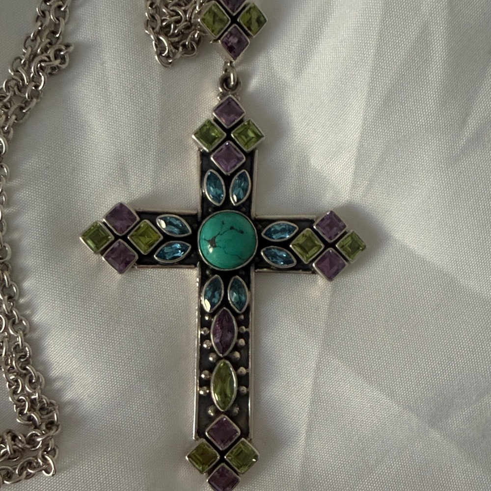 Nicky Butler Silver Cross Necklace with Purple and Turquoise Accents
